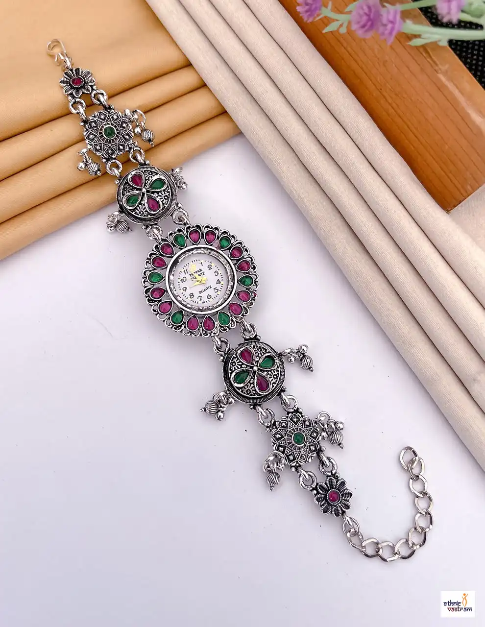 White Dial and Gemstone Ghungroo Motif Links Ethnic Watch Bracelet