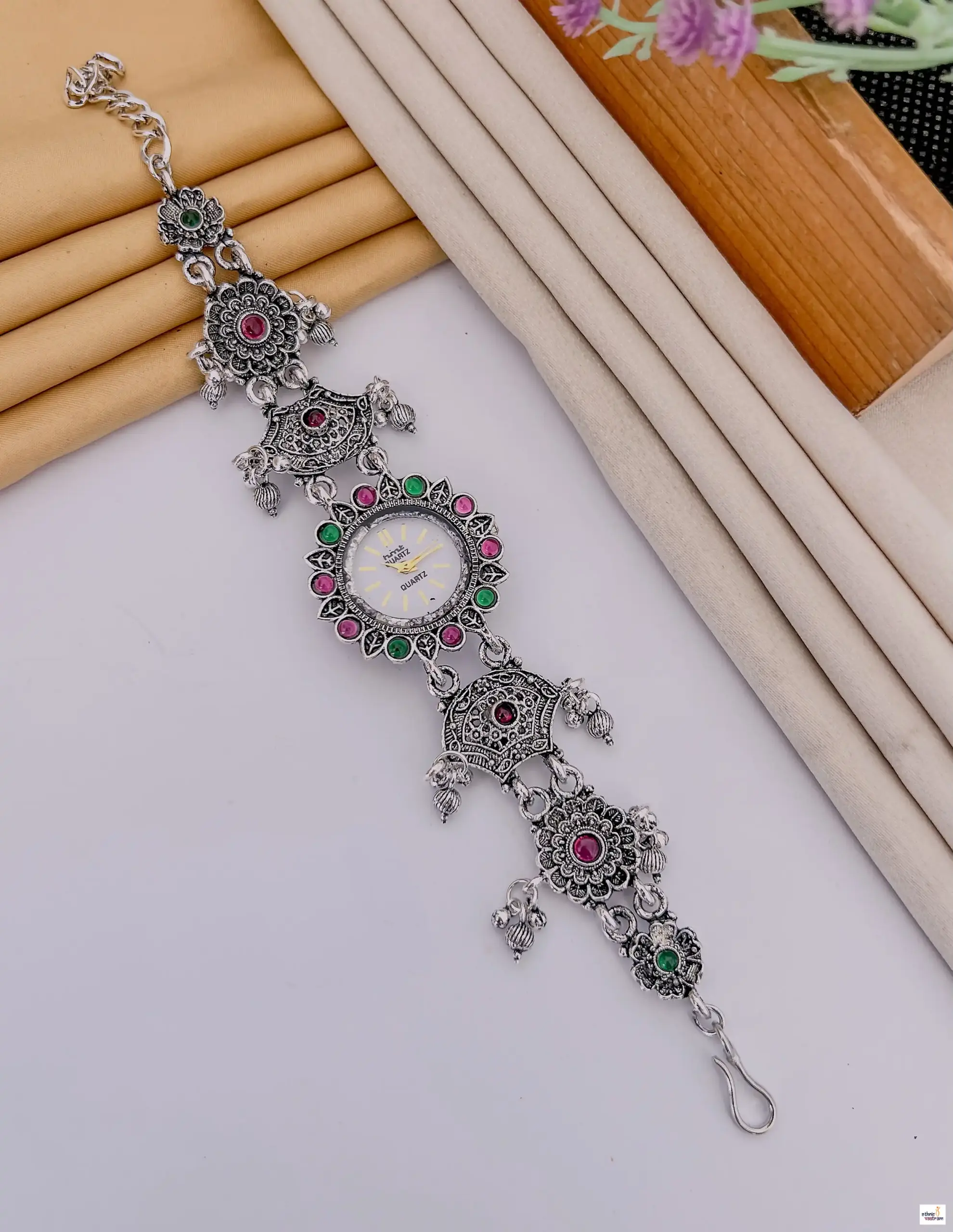 White Dial and Gemstone Ghungroo Motif Silver Ethnic Watch Bracelet
