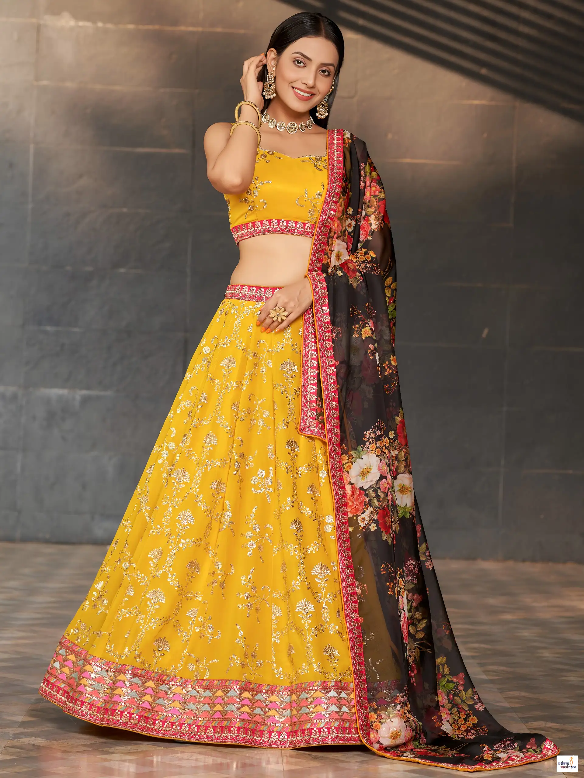 Yellow Georgette Flared Zari Sequins Embroidery Lehenga Choli