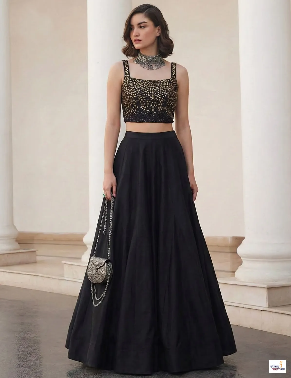 Black Soft Silk Sequins Embroidered Indo Western Set