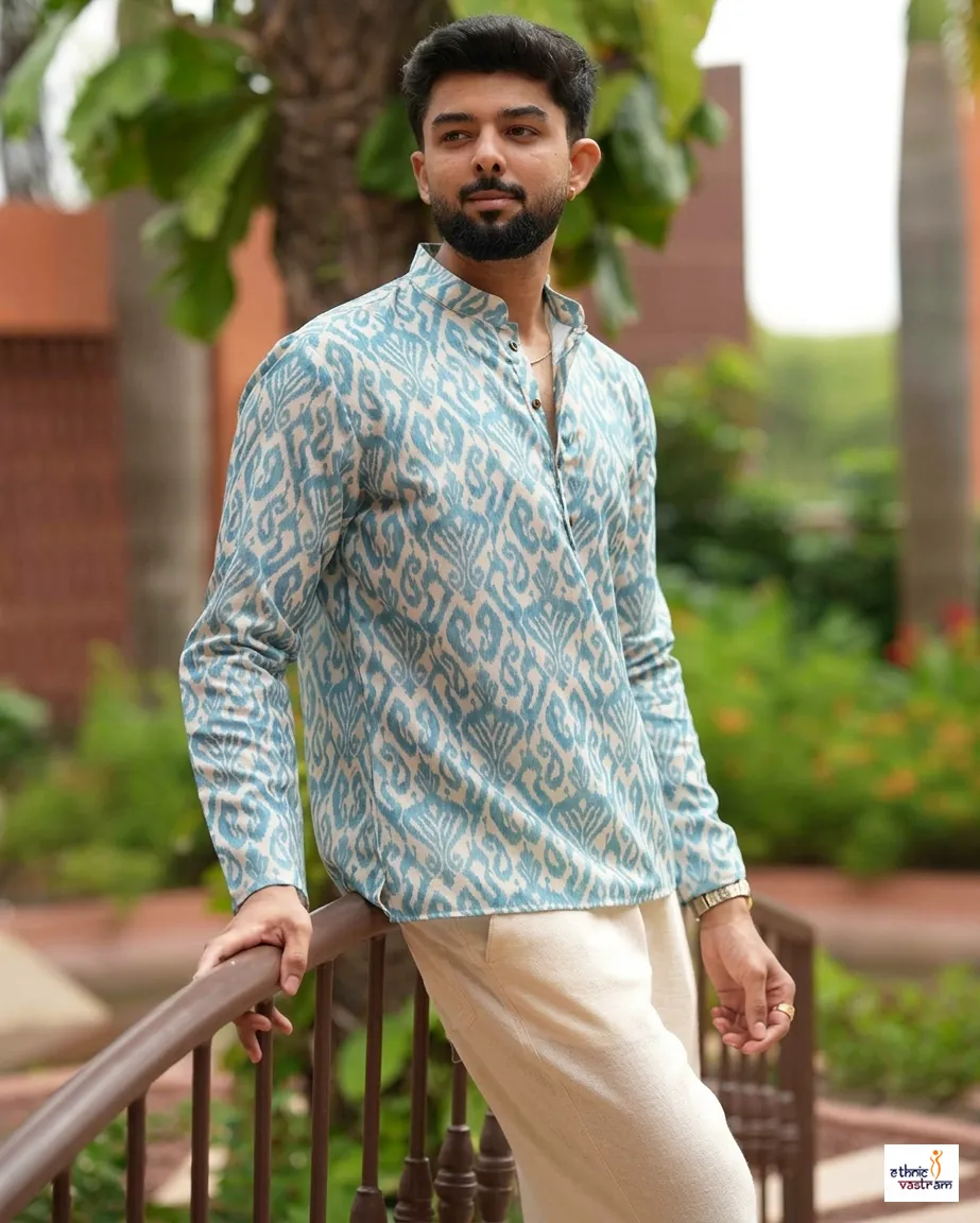 Blue Ikat Printed Swiss Linen Short Kurta For Men