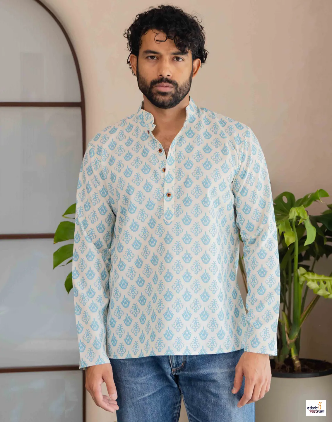 Cyan Block Printed Swiss Linen Short Kurta | Men Casual Wear