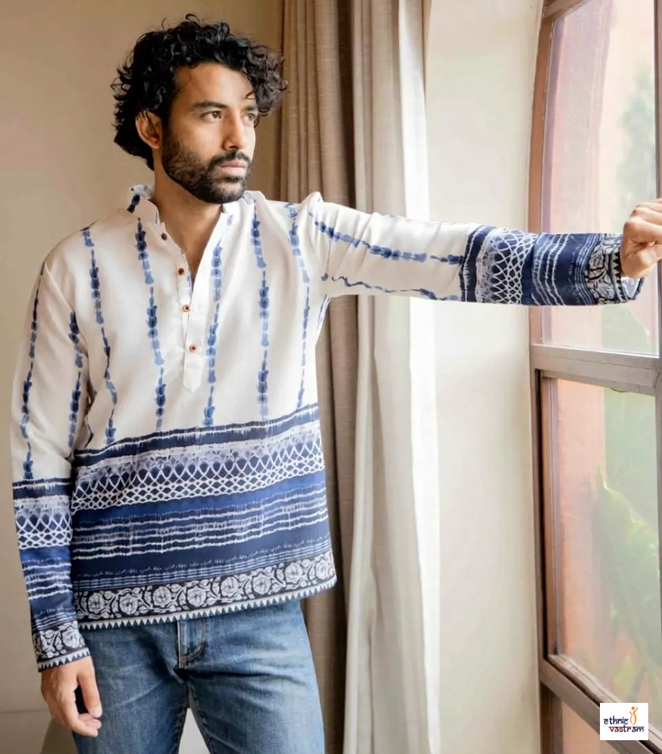 Indigo Shibori Printed Swiss Linen Short Kurta For Men