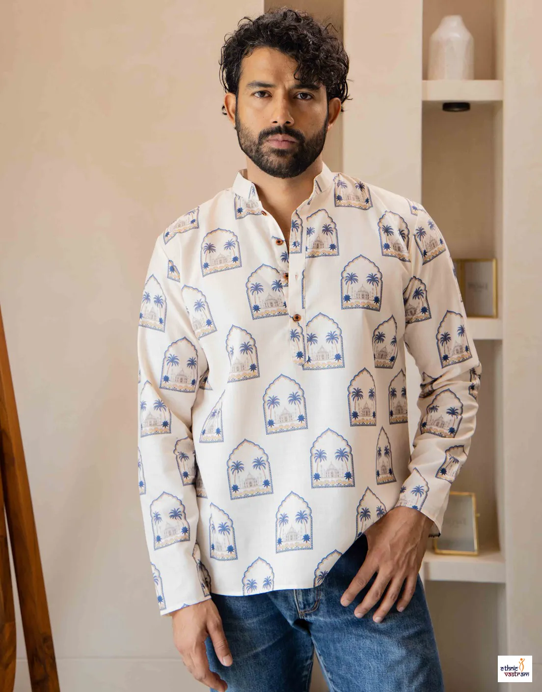 Jharokha Printed Swiss Linen Short Kurta | Men Casual Wear