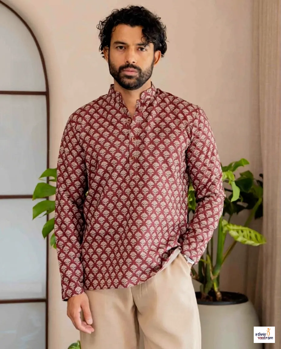 Maroon Motif Printed Swiss Linen Casual Short Kurta