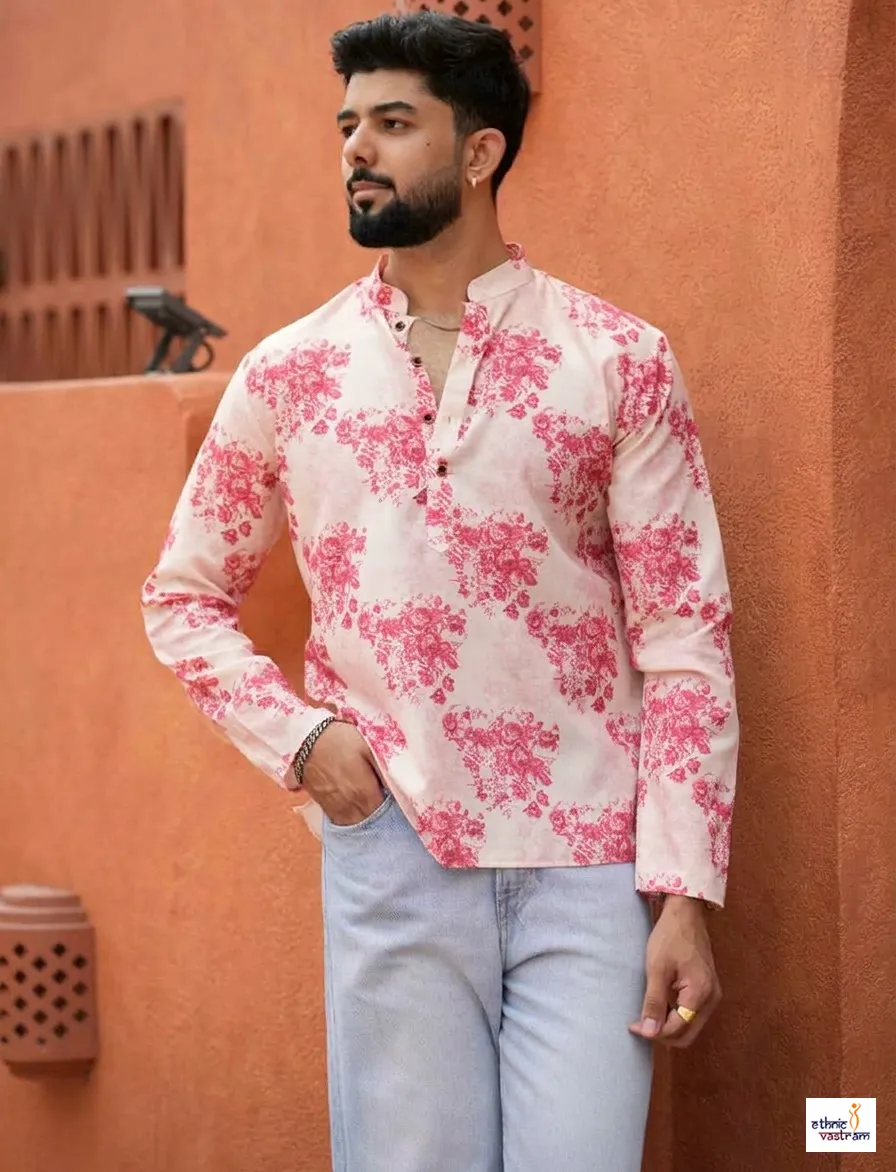 Pink Floral Printed Swiss Linen Short Kurta For Men