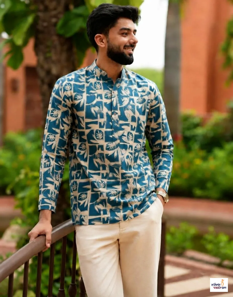 Teal Leaf Printed Swiss Linen Short Kurta For Men